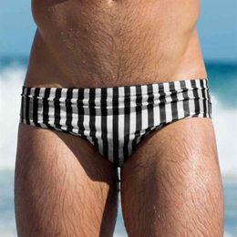 Men Swimsuit Striped Firm Swimwear Man Drawstring Swimming Suit Beachwear Elastic Quick Dry Breathable Swim Briefs Man 210515207s