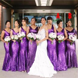 2020 Sexy Purple Sequined Mermaid Bridesmaid Dresses Deep V Neck Sleeveless Backless Floor Length Plus Size Formal Wedding Party G306t