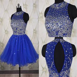 Royal Blue Formal Prom Dress Pleated Mini Evening Gowns Short Evening Dresses With Beaded Sequins Crew Collar Knee Length Dress250x