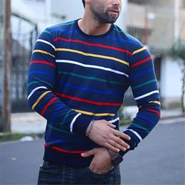 Men's T Shirts Stripe Print Shirt Fashion Round Neck Long Sleeve Male Blouses Casual Warm Sweater Tops Autumn Winter Soft Mens Blouse