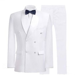 New Arrival Double-Breasted White Groom Tuxedos Shawl Lapel Men Suits 2 pieces Wedding Prom Dinner Blazer Jacket Pants Tie W912258M
