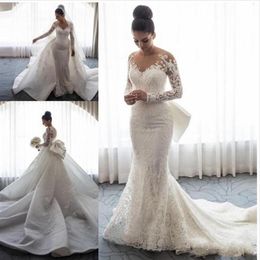 2019 Luxury Mermaid Wedding Dresses Sheer Neck Long Sleeves Illusion Full Lace Applique Bow Overskirts Button Back Chapel Train Br297f