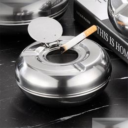 Ashtrays Windproof Ashtray With Lid Stainless Steel Tabletop For Outdoor Indoor Use Desktop Smoking Ash Tray Xbjk2211 Drop Delivery Dhh07