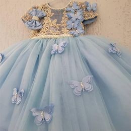 Luxury Pearls Flower Girls Dresses Princess Ball Gown Illisuion Jewel Neck Short Sleeves Gold Line Butterfly Lovely Birthday Dress2474