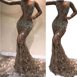 2023 Prom Dresses Sexy Bling Mermaid Illusion Keyhole V Neck Lace Crystal Beaded Sexy Open Back Split Sweep Train Plus Size Party 307I