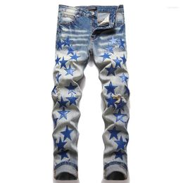 Men's Jeans Denim For Men Slim Fit Ripped Luxury Designer Hip Hop Harajuku Pants Leather Stars Patchwork Embroidery Beggar Trousers
