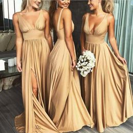 Sexy Long Gold Bridesmaid Dresses Deep V Neck Empire Split Side Floor Length Champagne Beach Boho Wedding Guest Dresses274O
