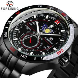 Forsining Sport Mens Watch Black Military Automatic Mechanical Watches Moon Phase Date Window Steel Strap Waterproof Luminous