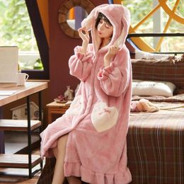 Women's Sleepwear Winter Sweet Warm Nightgowns Womens Girl Cute Long Ear Loose Bathrobe Flannel Thicken Soft Plush Robe Ladies Pyjama