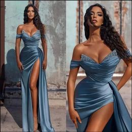 Sexy Light Blue Off Shoulder Mermaid Prom Dresses Beaded Pleats Draped High Split Side Sweep Train Evening Gowns Formal Dress Cust305q