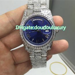 Whole high quality luxury men's watches silver stainless steel diamond watches blue face double calendar timekeeping wate244r