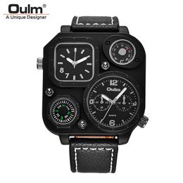 Oulm New Fashion Men's Watches Decorative Compass and Thermometer Quartz Watch Two Time Zone Casual PU Wristwatch2629