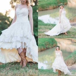 Country Western High Low Wedding Dresses Lace Sweetheart Lace Up Back A-Line Tiered Custom Made Bridal Gowns Plus Size217z