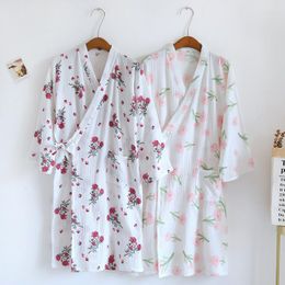 Women's Sleepwear Gauze Cotton Kimono Robe Bathrobe Women Night Sexy Robes Nightgown For Female 2023 Summer Floral Print Dressing Gown