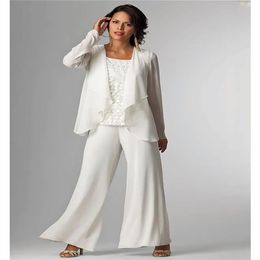 Pantsuit Jumpsuit 3 Piece Suit Mother of the Bride Dress Plus Size Elegant Bateau Neck Floor Length Chiffon Sleeveless with Lace346r