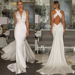Sexy Beach Mermaid Wedding Dresses with Ribbon Cross Back Simple Chiffon Stain V Neck Ruched Sleeveless Summer Holiday Bridal Gown234C