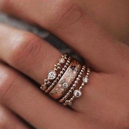 Women Wedding Jewellery Vintage Sparkly Rose Crystal Rhinestone Stackable Ring Set Bohemian Rings Band2661