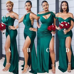 2023 Modest Emerald Green Side Split Long Bridesmaid Dresses Sexy Wedding Party Gowns Difference Neckline Cheap Bridesmaid Dress C281E