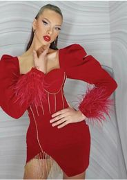 Casual Dresses 2023 Autumn Red Female Bubble Long Sleeve Sexy Diamond Strip Bodycon Mini Dress Feathers Celebrate Party Outfit Evening