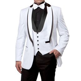 White and Black Wedding Men Suits for Prom Party Peaked Lapel Custom Made 3 Piece Groomsmen Tuxedos Jacket Pants Vest228I