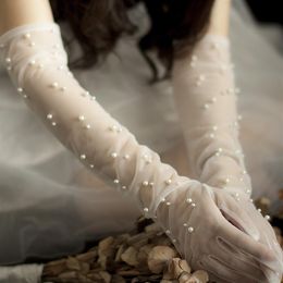 Bride Wedding pearl Gloves long Design Lace Gauze Transparent Women Gloves Short bridal mesh gloves Wedding Accessories334k