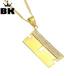 Pendant Necklaces Stainless Steel Gold Color Hip Hop Razor Blade Necklace Out Rhinestone Mens Charm Jewelry 3mm 24inch Cuban Chain203V