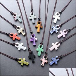 Pendant Necklaces Natural Stone Crucifix Egyptian Ankh Amet Life Cross Women 7 Chakra Quartz Crystal For Men Drop Delivery Jewellery Pe Dhnuh