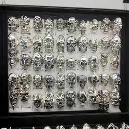 Whole 50pcs lot Gothic Big Skull Ring Bohemian Punk Vintage Antique Silver Mix Style Mens Fashion Jewellery Skeleton Ring Size 2223L