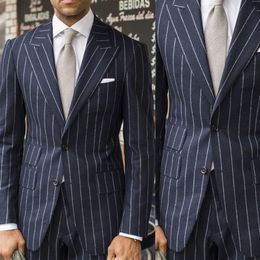 2 Pieces Pinstripe Mens Wedding Suits Two Button Peaked Lapel Groom Formal Wear Prom Tuxedos Man Blazer Suit Jacket Pants189G