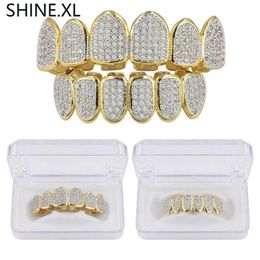 Gold Silver Plated Hip Hop Vampire Teeth Grillz Top and Bottom Iced Out Micro Pave CZ Stone Bling Body Jewelry207A