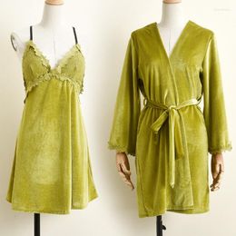 Women's Sleepwear Green Velvet Robe Set Women V-neck Sleep Lace Patchwork 2PCS Femme Nighty&Robe Velour Kimono Gown Homewear
