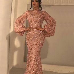 Shiny Rose Gold Lace Mermaid Prom Dresses High Neck Long Sleeves Appliques Evening Gowns Floor Length Mother of Bride Dress297s