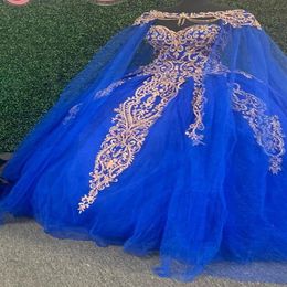 2022 Trendy Royal Blue Gold Embroidery Quinceanera Dresses Ball Gown with Cape Robe Beaded Crystal Tulle Princess Sweet 15 Charra 314v