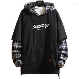 Men's Hoodies Black Patchwork Autumn Spring Sweatshirts Hiphop Punk Streetwear Casual Pullover 2023 Plaid
