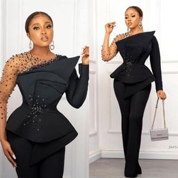 2022 Plus Size Arabic Black Stylish Prom Dresses Sheer Neck Beaded Jumpsuits Evening Formal Party Second Reception Gowns2266