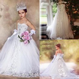 White Princess Ball Gown Flower Girl Dresses 2021 Sparkly Crystals Beaded Strapless Kids Formal Pageant Party Gown Lace Appliqued 302J