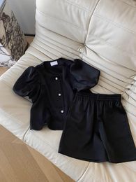 Women's Tracksuits Black Acetate Satin Crewneck Bubble Sleeve Shirt Shorts Suit Classic Comfort