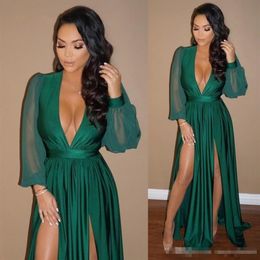 2018 Cheap Dark Green Chiffon Evening Dresses Sexy Deep V Neck Side High Slit Split Prom Dress Long Sleeves Cocktail Party Gowns249x