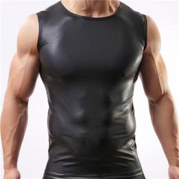 Whole- 2016 Black Colour Men Sexy Vest Faux Leather Solid Male Tank Tops Underwear Slim Wear Size M L XL Whole2304