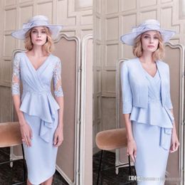 Light Blue Lace Mother Of The Bride Dresses With Jacket Appliqued Evening Gowns V Neck Sheath Wedding Guest Dress276l