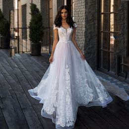 New Designl Appliques Lace V-Neck Cap Sleeve Tulle Beads A Line Wedding Dresses 2020 Boho Bridal Gown vestido de noiva219d