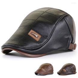 Berets Autumn Winter PU Leather Peaked Cap Men Flat Warm Duckbill Beret Hat Outdoor Windproof Waterproof Casquette