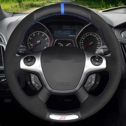 Car Steering Wheel Cover Hand-stitched Soft Black Genuine Leather Suede For Ford Focus 3 ST 2012 2013 2014278L