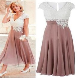 Elegant Tea Length Mother of the Bride Groom Dresses White Lace Rose Pink Chiffon Applique Real Po Evening Formal Gowns Plus si304U