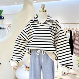 Women's Hoodies 2023 Spring Autumn All-Matched Polo Collar Pullovers Striped Embroidery Casual Tops Female Thin Oversized For 18-24Y