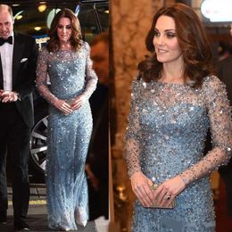 KATE MIDDLETON Same Style Crystal Long Evening Dress Light Blue Jewel Sheer Neck Long Sleeve Prom Gowns Floor Length Formal Occasi298A