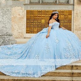 Скабое синее мяч платье quinceanera 2022 от плеча на аппликациях сладкое 16 платья vestidos de 15 anos287n