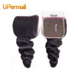 Upermall Virgin Brazilian Transparent Swiss Lace Closure 5x5 Loose Wave Human Hair Middle Three Part 12 14 16 18 20 22 24192h