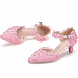 2 Inches Low Heel Sandals wiht Ankle Straps Pink Lace Flower Wedding Shoes Pointed Toe Mother of the Bride Shoes Dancing Party2770