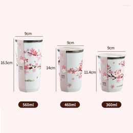 Mugs Stainless Steel Cherry Blossom Thermal Mug With Lid Double Wall Coffee Leak Proof Portable Water Cup Travel Camping Tea